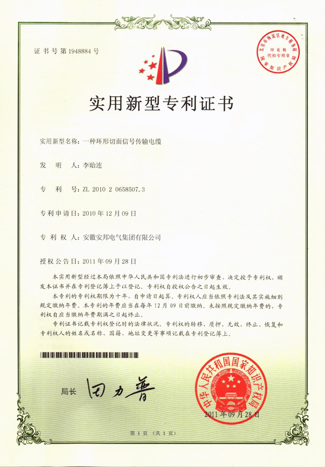 久久91亚洲成人电影 环形切面信号传输电缆实用新型专利证书